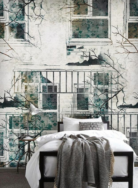Temporäre Fototapete mit Gebäude- und Fenstermotiv für das Interieur „Stadtblick“