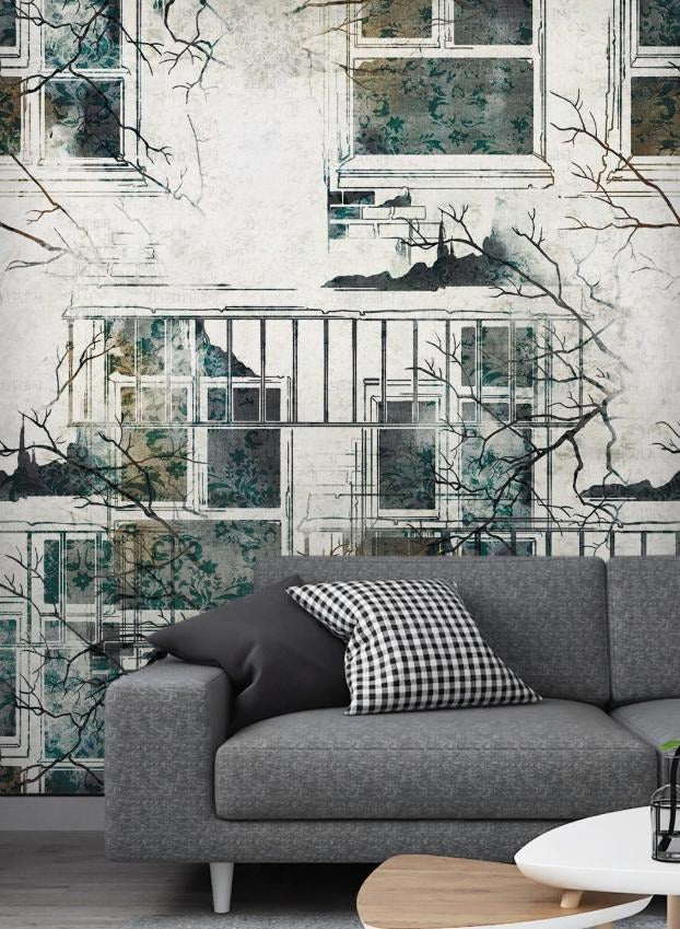 Temporäre Fototapete mit Gebäude- und Fenstermotiv für das Interieur „Stadtblick“