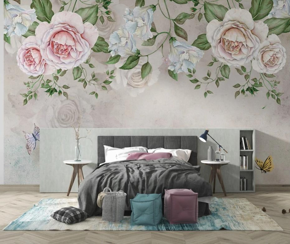 Fototapete mit großen rosa Rosen, Fototapete für die Wand über dem Bett „Rosenzauber“