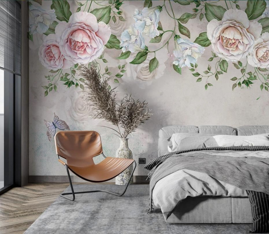 Fototapete mit großen rosa Rosen, Fototapete für die Wand über dem Bett „Rosenzauber“