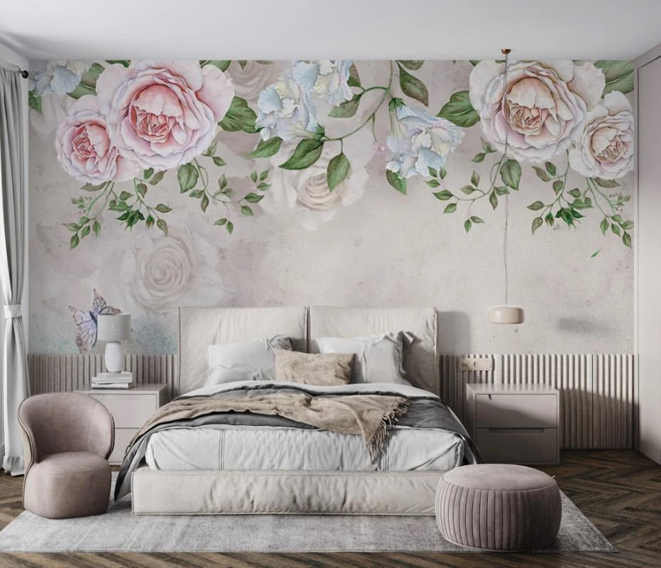 Fototapete mit großen rosa Rosen, Fototapete für die Wand über dem Bett „Rosenzauber“