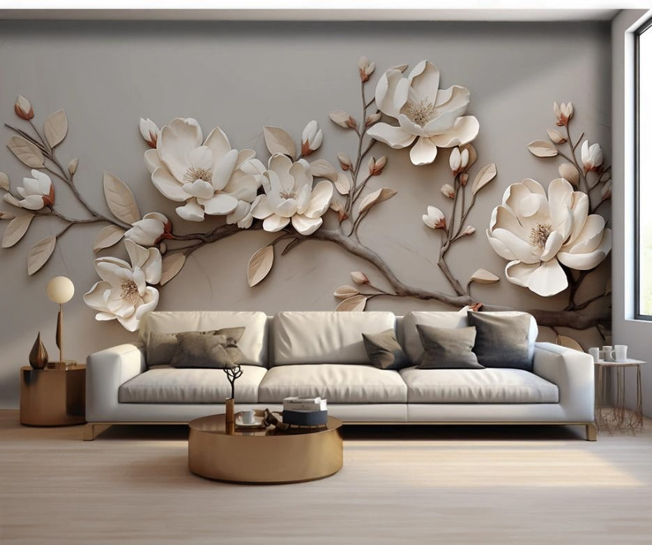 3D-Fototapete mit großen weißen Blumen und blühendem Zweig „Weiße Blütenharmonie“
