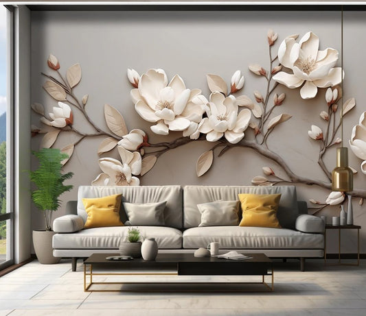 3D-Fototapete mit großen weißen Blumen und blühendem Zweig „Weiße Blütenharmonie“