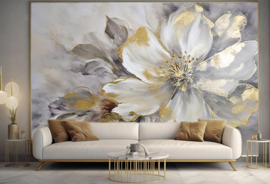 Fototapete mit großer goldener 3D-Blume „Grau-Goldene Blüte“