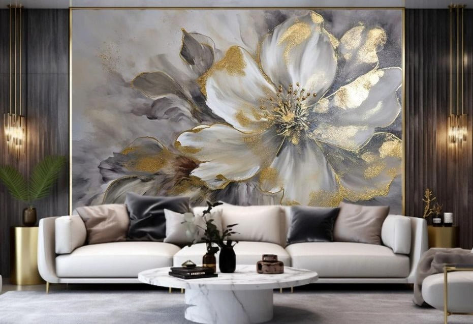 Fototapete mit großer goldener 3D-Blume „Grau-Goldene Blüte“