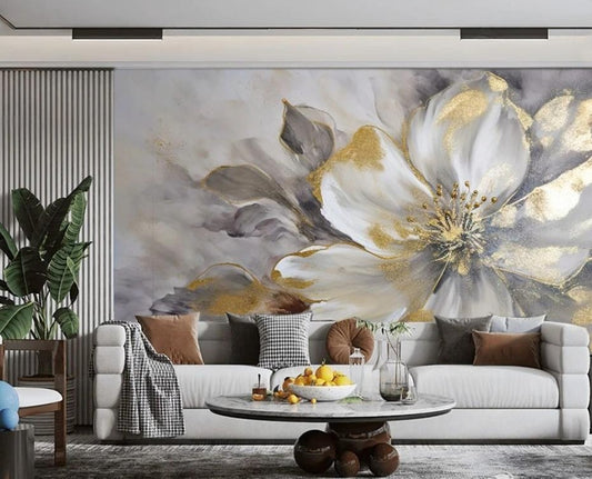 Fototapete mit großer goldener 3D-Blume „Grau-Goldene Blüte“