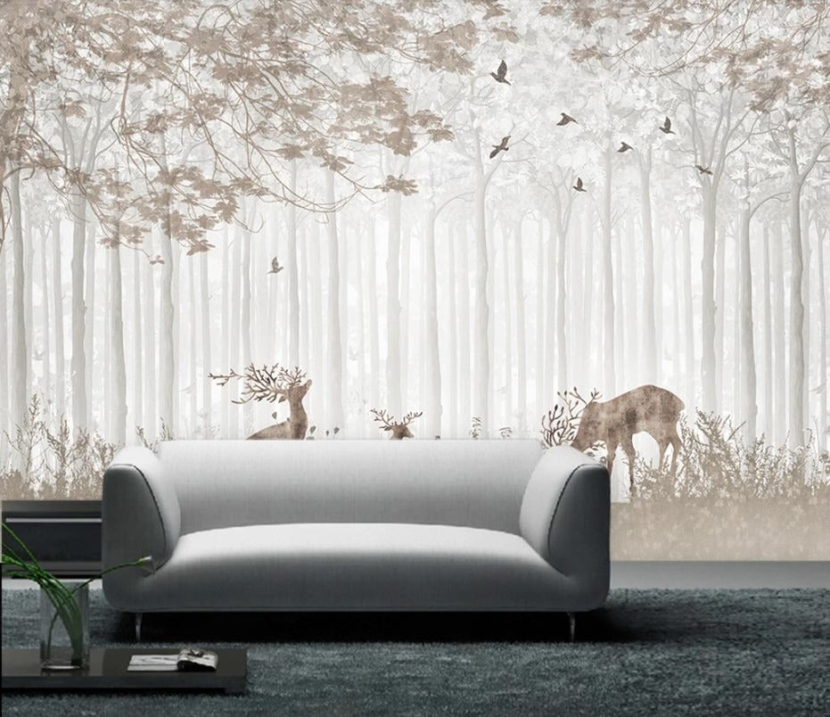 Fototapete Wald mit Hirschen, neutrale Fototapete, Natur Waldlandschaft, moderne Wanddekoration „Waldruhe“