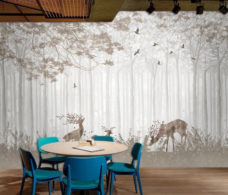 Fototapete Wald mit Hirschen, neutrale Fototapete, Natur Waldlandschaft, moderne Wanddekoration „Waldruhe“