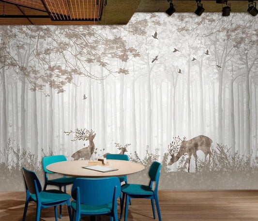 Fototapete Wald mit Hirschen, neutrale Fototapete, Natur Waldlandschaft, moderne Wanddekoration „Waldruhe“