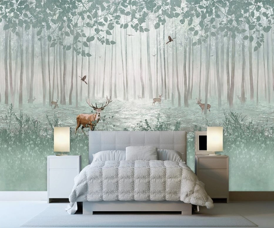 Selbstklebende Fototapete Wald mit Hirschen, Fototapete Waldlandschaft, moderne Wanddekoration „Hirsche im Wald“