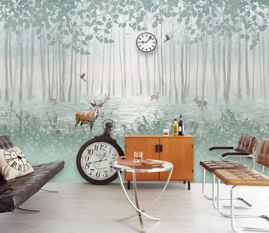 Selbstklebende Fototapete Wald mit Hirschen, Fototapete Waldlandschaft, moderne Wanddekoration „Hirsche im Wald“