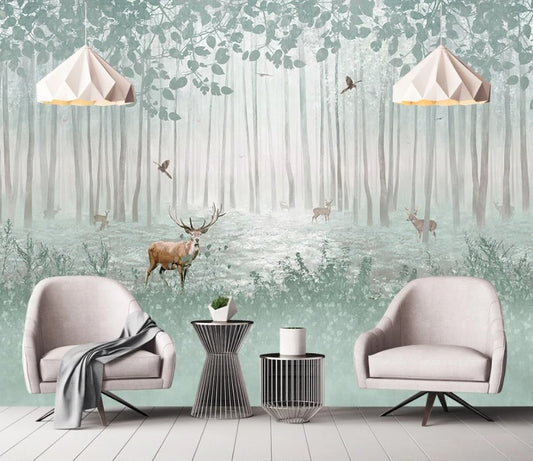 Selbstklebende Fototapete Wald mit Hirschen, Fototapete Waldlandschaft, moderne Wanddekoration „Hirsche im Wald“