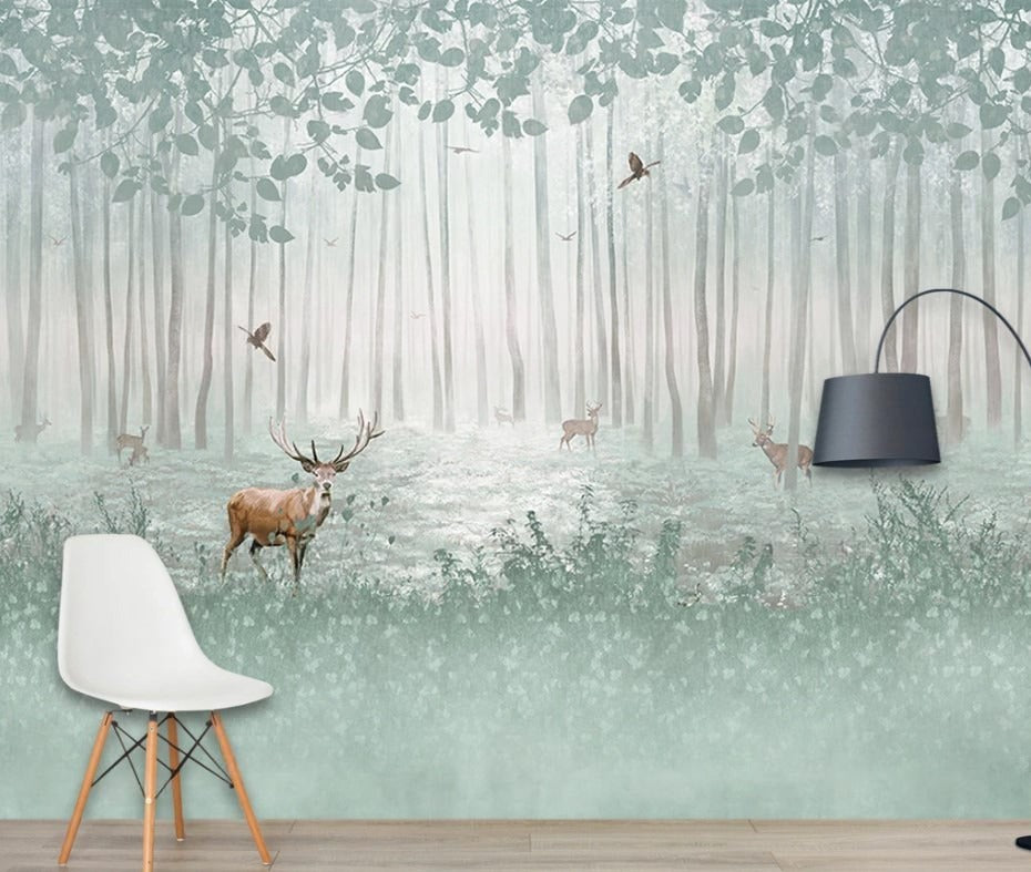 Selbstklebende Fototapete Wald mit Hirschen, Fototapete Waldlandschaft, moderne Wanddekoration „Hirsche im Wald“