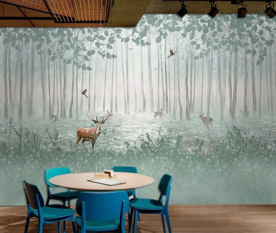 Selbstklebende Fototapete Wald mit Hirschen, Fototapete Waldlandschaft, moderne Wanddekoration „Hirsche im Wald“