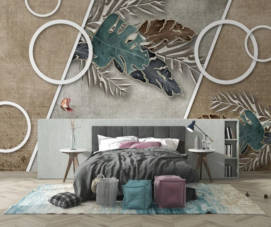 Abstrakte Wandtapete mit Blättern und Kreisen „Blatt & Kreis Design“