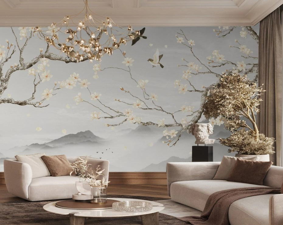 Orientalische Wandtapete mit Vögeln und blühender Magnolie „Magnoliengarten“