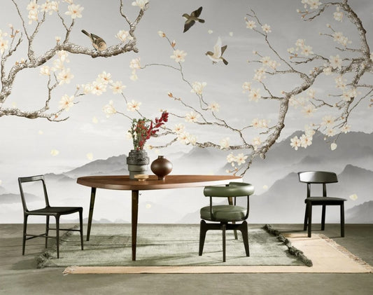 Orientalische Wandtapete mit Vögeln und blühender Magnolie „Magnoliengarten“