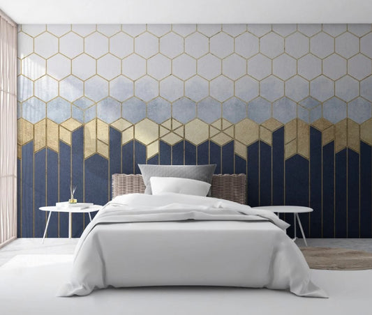 Abstrakte Wandtapete mit geometrischen Formen und Goldakzenten „Goldene Waben“