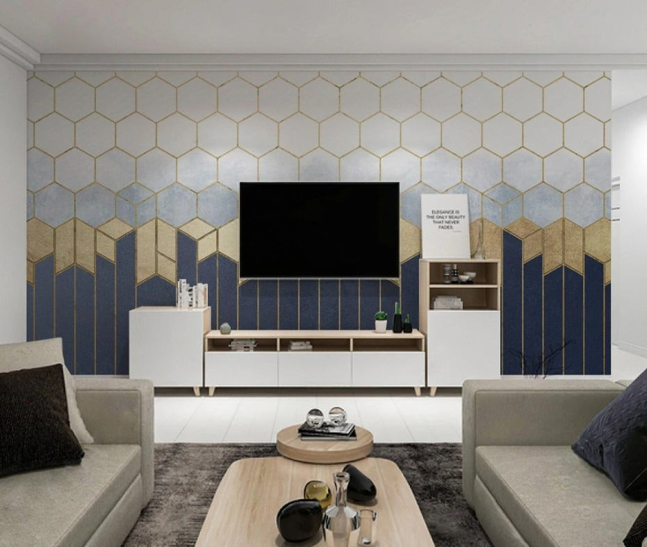 Abstrakte Wandtapete mit geometrischen Formen und Goldakzenten „Goldene Waben“