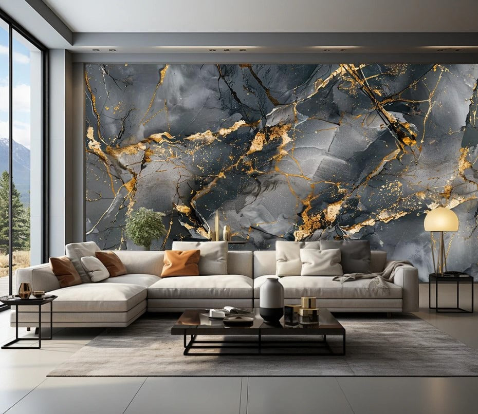 Abstrakte Fototapete 3D, modern, selbstklebend, Grau-Gold-Marmor für Wohnzimmer und Schlafzimmer „Grauer Marmor“