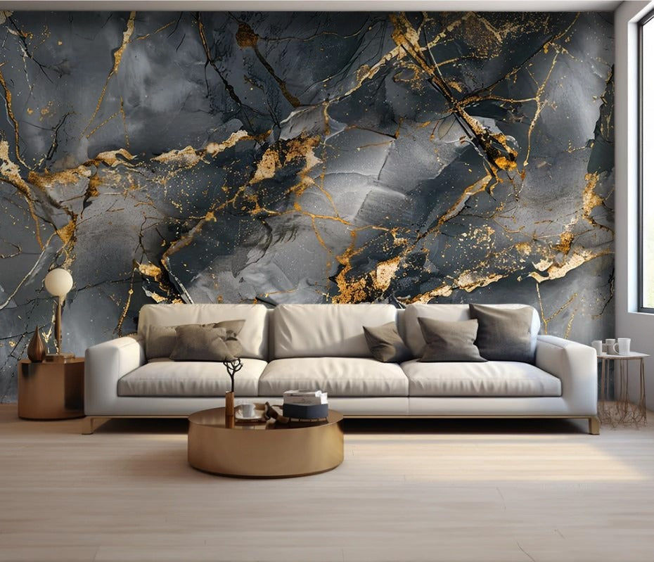 Abstrakte Fototapete 3D, modern, selbstklebend, Grau-Gold-Marmor für Wohnzimmer und Schlafzimmer „Grauer Marmor“