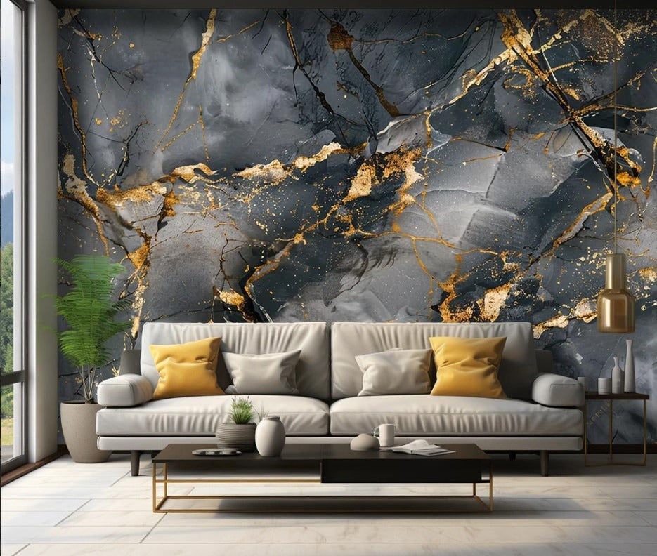 Abstrakte Fototapete 3D, modern, selbstklebend, Grau-Gold-Marmor für Wohnzimmer und Schlafzimmer „Grauer Marmor“