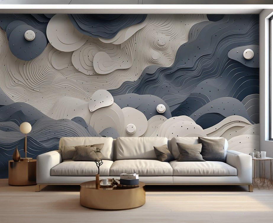 Zarte abstrakte Fototapete Weiß-Blau, 3D-Effekt, selbstklebend, modern für Kinderzimmer und Schlafzimmer „Tuchki“