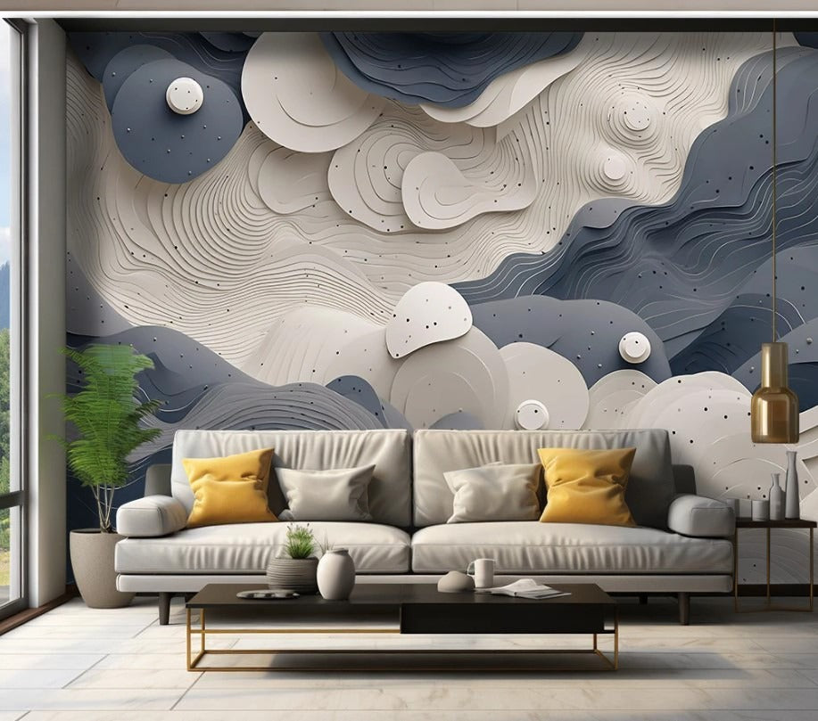 Zarte abstrakte Fototapete Weiß-Blau, 3D-Effekt, selbstklebend, modern für Kinderzimmer und Schlafzimmer „Tuchki“