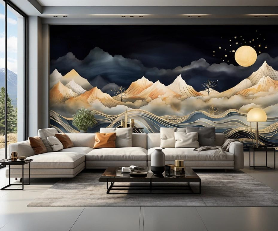 Abstrakte Fototapete mit Bergmotiven, modern, 3D-Effekt, selbstklebend für Wohnzimmer und Schlafzimmer „Bergtraum“