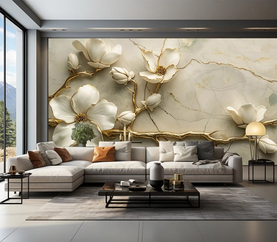 Moderne Fototapete 3D, selbstklebend, Blumen in Weiß und Gold für Wohnzimmer „Blütenzauber“