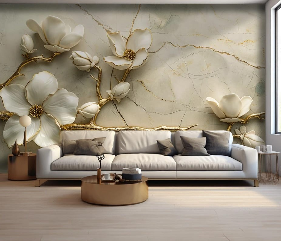 Moderne Fototapete 3D, selbstklebend, Blumen in Weiß und Gold für Wohnzimmer „Blütenzauber“