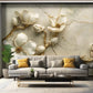 Moderne Fototapete 3D, selbstklebend, Blumen in Weiß und Gold für Wohnzimmer „Blütenzauber“
