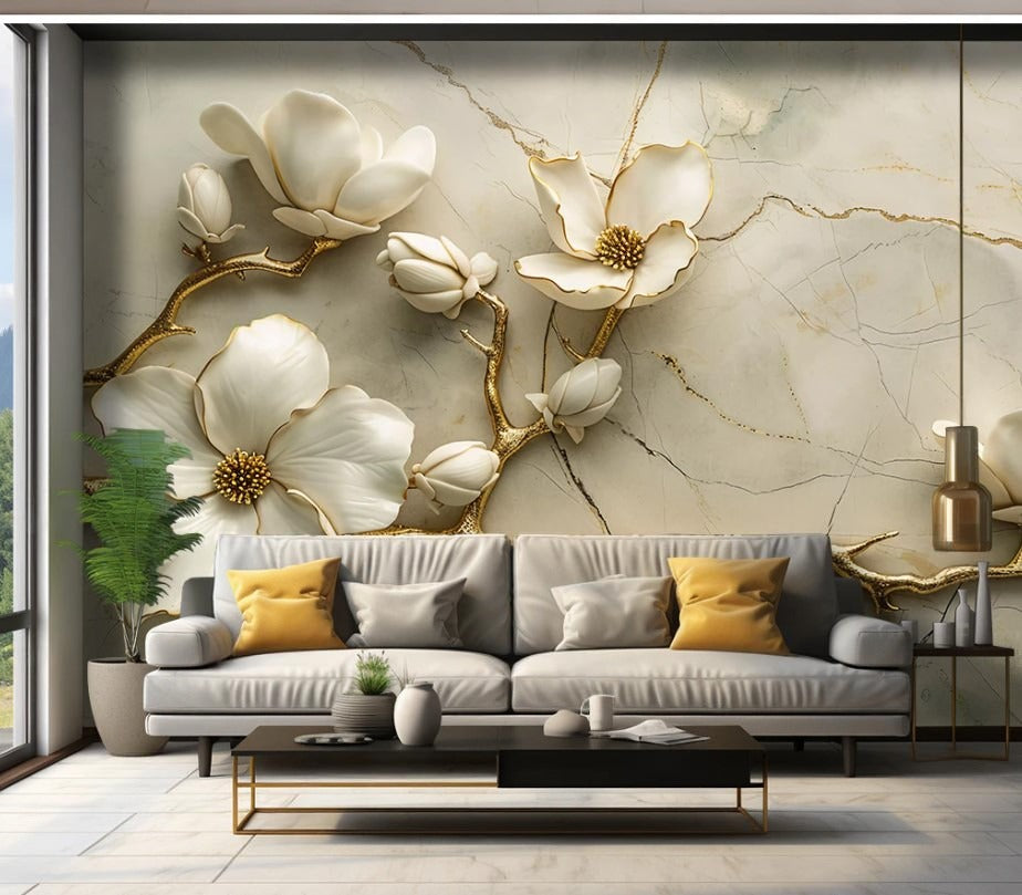 Moderne Fototapete 3D, selbstklebend, Blumen in Weiß und Gold für Wohnzimmer „Blütenzauber“