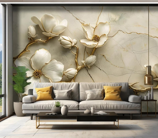 Moderne Fototapete 3D, selbstklebend, Blumen in Weiß und Gold für Wohnzimmer „Blütenzauber“
