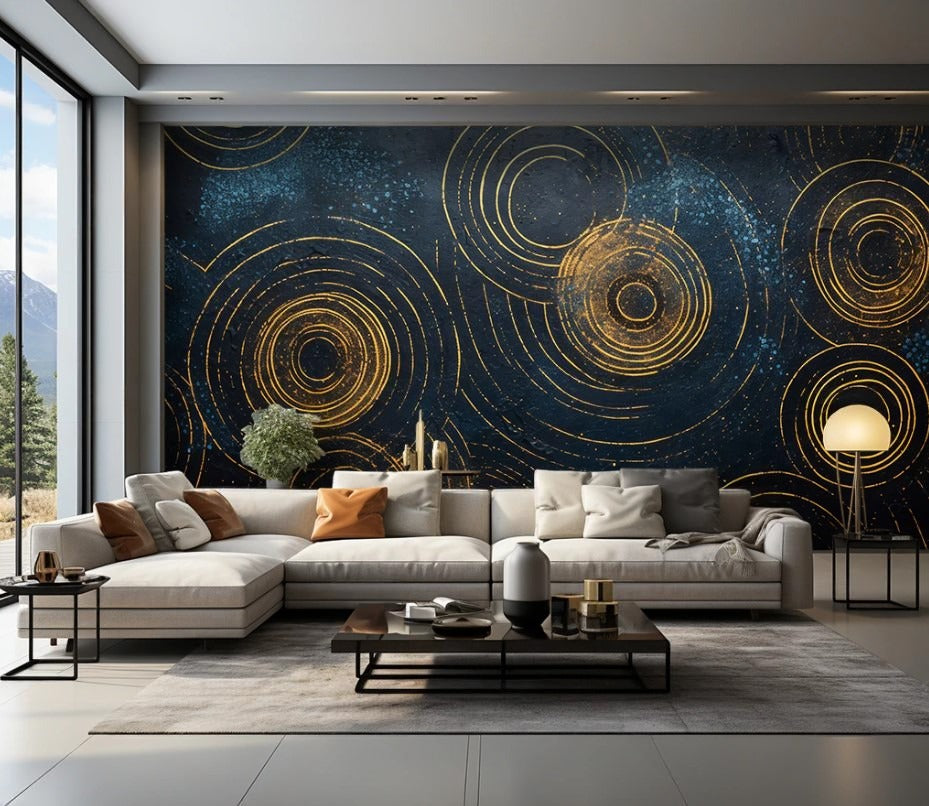 Abstrakte Fototapete mit goldenen Kreisen, geometrisch, modern, selbstklebend für Wohnzimmer und Schlafzimmer „Goldkreis“