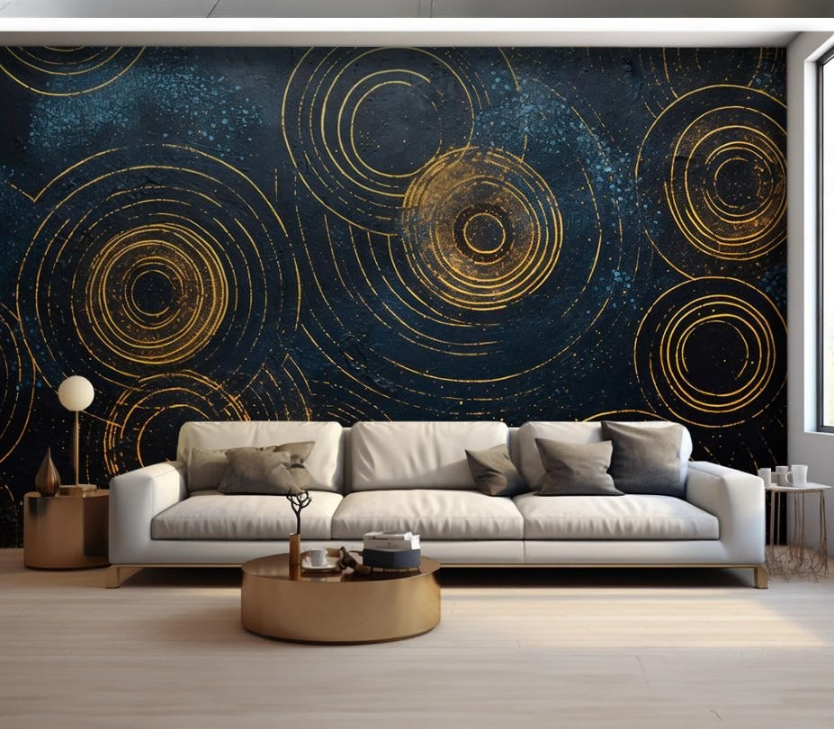 Abstrakte Fototapete mit goldenen Kreisen, geometrisch, modern, selbstklebend für Wohnzimmer und Schlafzimmer „Goldkreis“