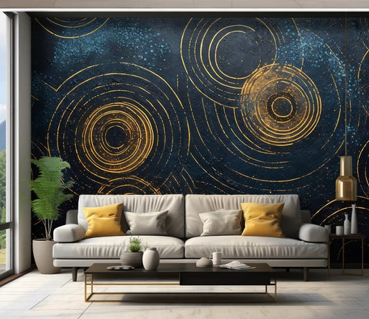 Abstrakte Fototapete mit goldenen Kreisen, geometrisch, modern, selbstklebend für Wohnzimmer und Schlafzimmer „Goldkreis“