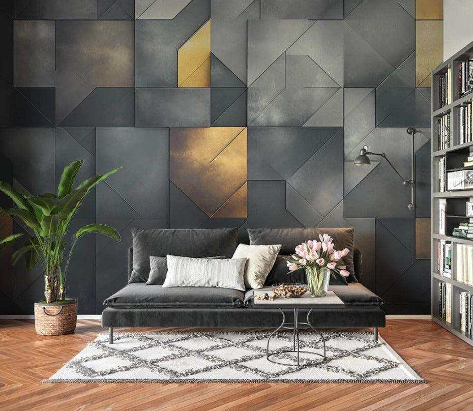 Abstrakte Fototapete mit geometrischen Formen, modern, selbstklebend in Grautönen für Wohnzimmer und Büro „Silbergrau“