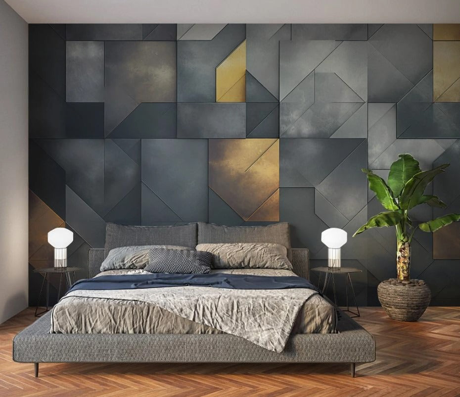 Abstrakte Fototapete mit geometrischen Formen, modern, selbstklebend in Grautönen für Wohnzimmer und Büro „Silbergrau“