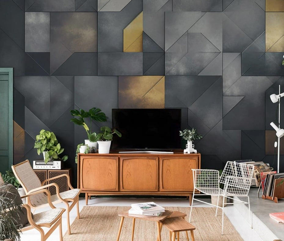 Abstrakte Fototapete mit geometrischen Formen, modern, selbstklebend in Grautönen für Wohnzimmer und Büro „Silbergrau“