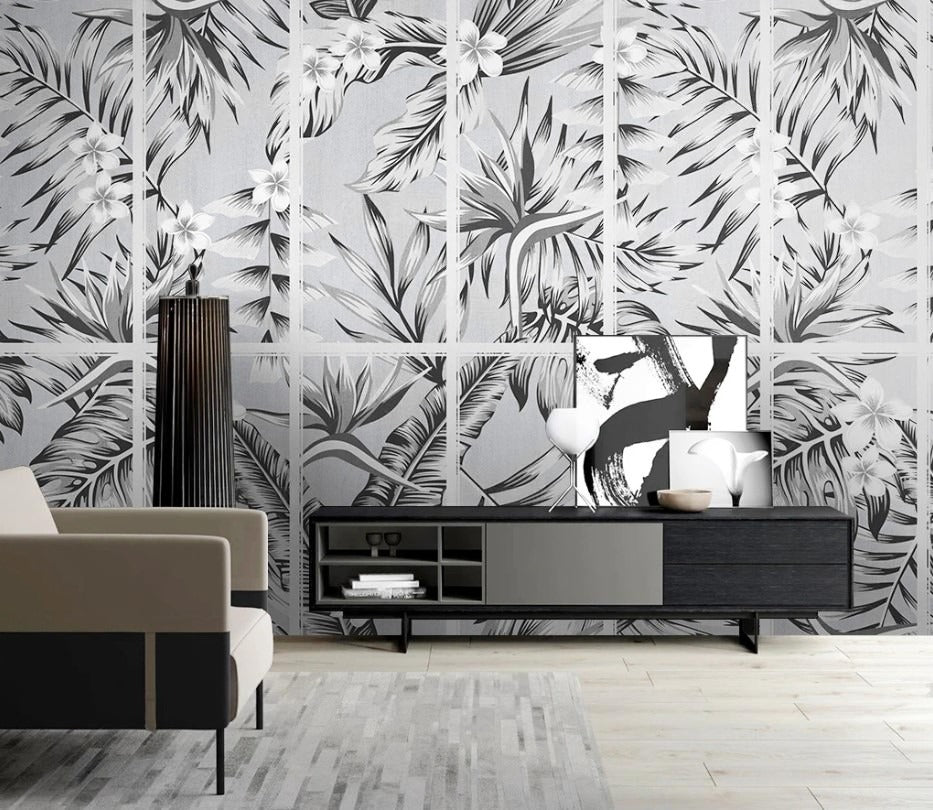 Moderne Wandtapete in Schwarz-Weiß, abstrakt mit Blattdesign, Vinyl, für Flur und Esszimmer „Blattgeflüster“