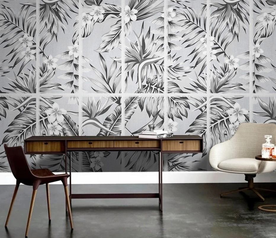Moderne Wandtapete in Schwarz-Weiß, abstrakt mit Blattdesign, Vinyl, für Flur und Esszimmer „Blattgeflüster“