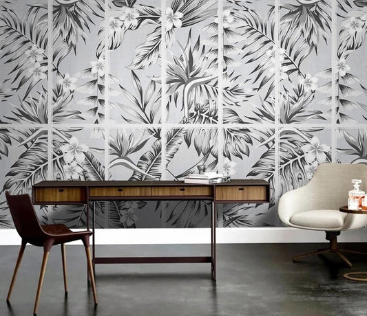 Moderne Wandtapete in Schwarz-Weiß, abstrakt mit Blattdesign, Vinyl, für Flur und Esszimmer „Blattgeflüster“