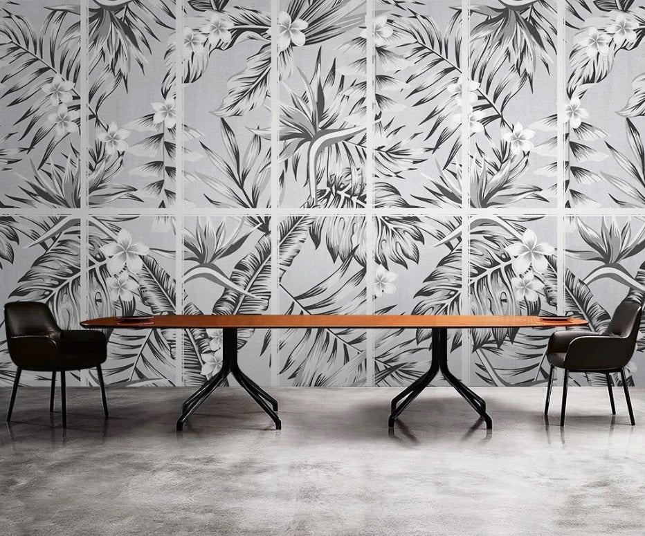 Moderne Wandtapete in Schwarz-Weiß, abstrakt mit Blattdesign, Vinyl, für Flur und Esszimmer „Blattgeflüster“