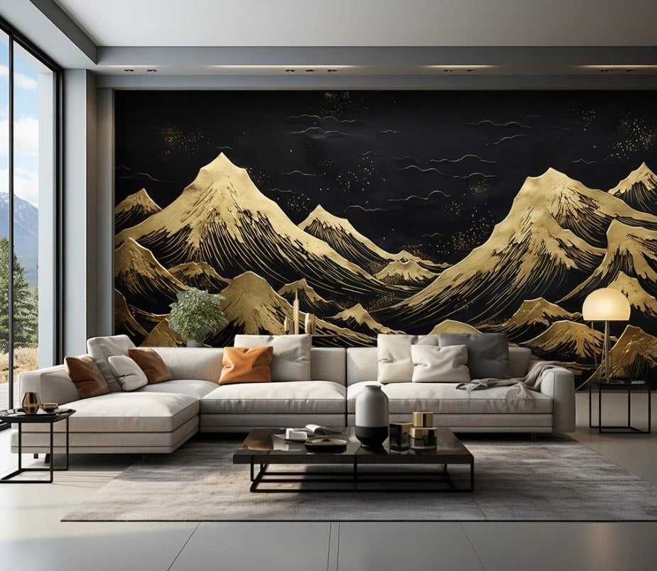 Abstrakte Fototapete mit goldenen Bergen, modern, selbstklebend für Wohnzimmer und Büro „Goldberge“