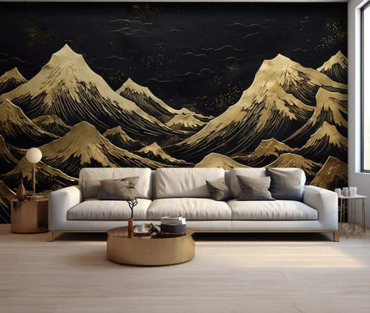 Abstrakte Fototapete mit goldenen Bergen, modern, selbstklebend für Wohnzimmer und Büro „Goldberge“