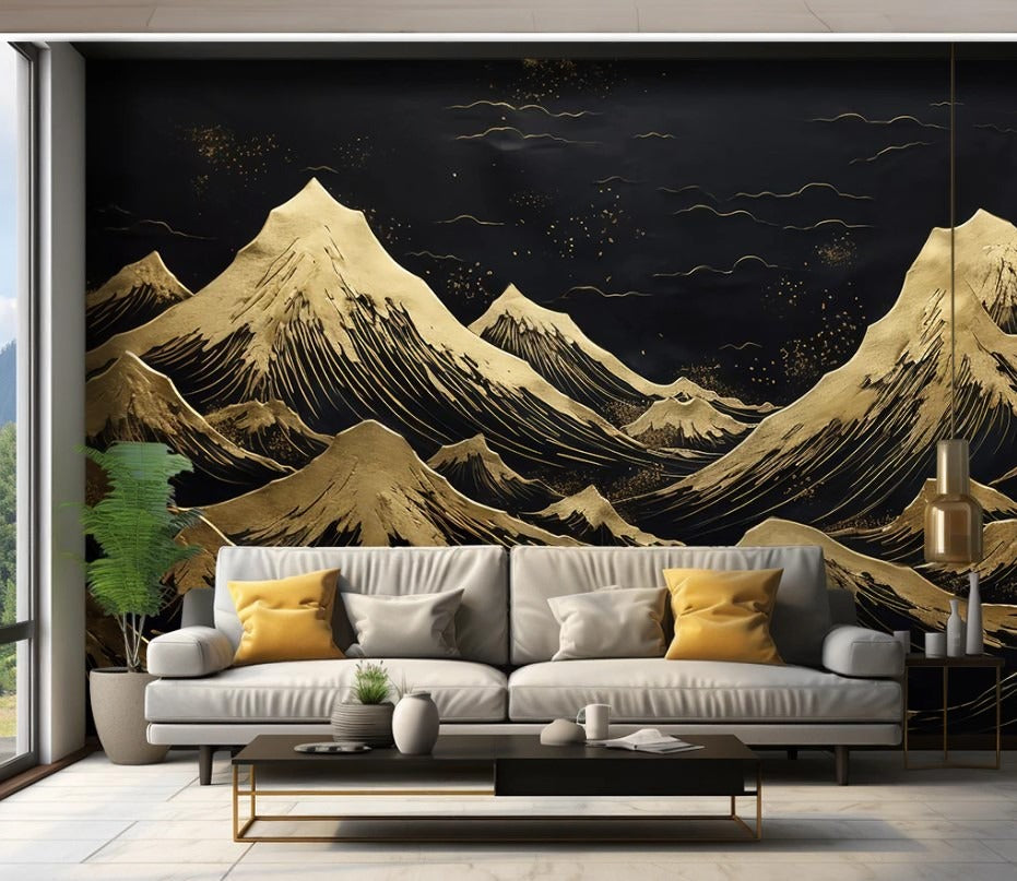 Abstrakte Fototapete mit goldenen Bergen, modern, selbstklebend für Wohnzimmer und Büro „Goldberge“