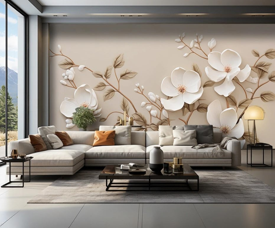 Zarte 3D-Fototapete mit Blumen, modern, selbstklebend für Schlafzimmer und Kinderzimmer „Blütenhauch“