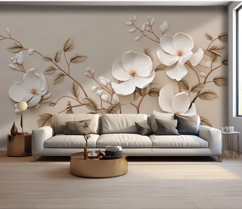 Zarte 3D-Fototapete mit Blumen, modern, selbstklebend für Schlafzimmer und Kinderzimmer „Blütenhauch“