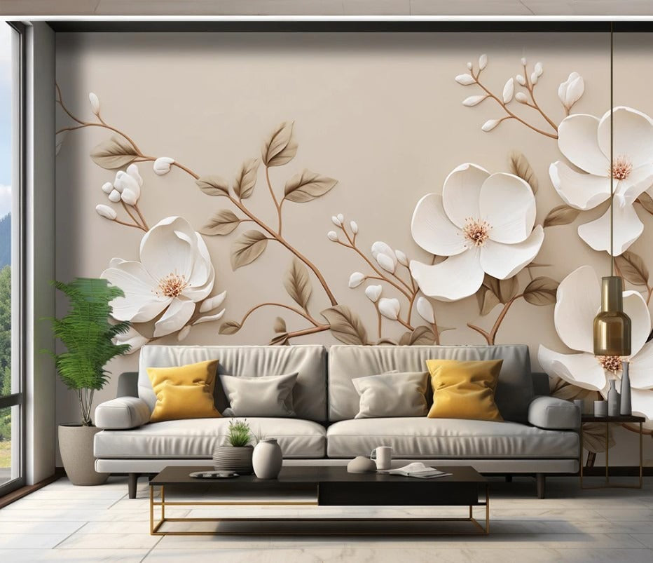 Zarte 3D-Fototapete mit Blumen, modern, selbstklebend für Schlafzimmer und Kinderzimmer „Blütenhauch“